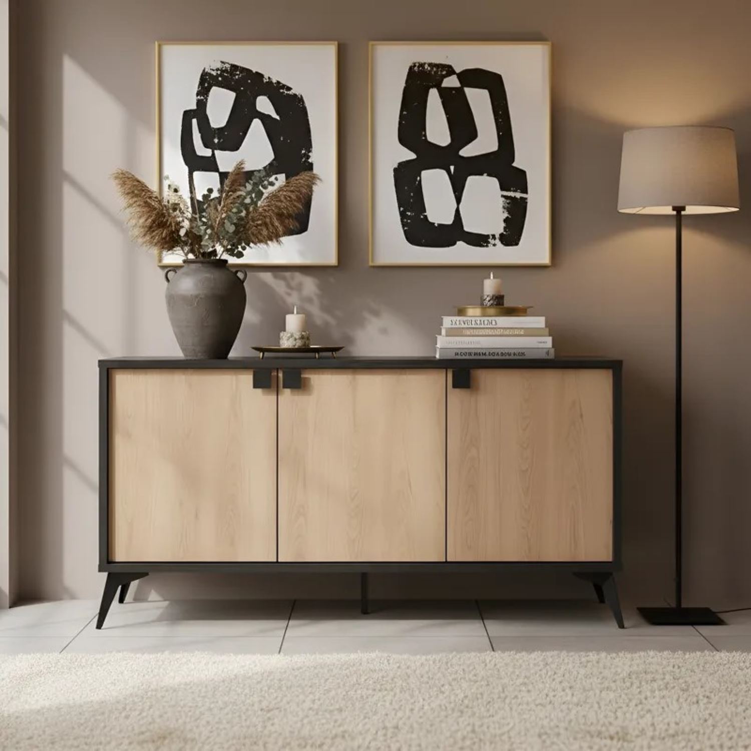 APARADOR SCHELL 3 PUERTAS CON ESTANTES ROBLE Y NEGRO 160CM